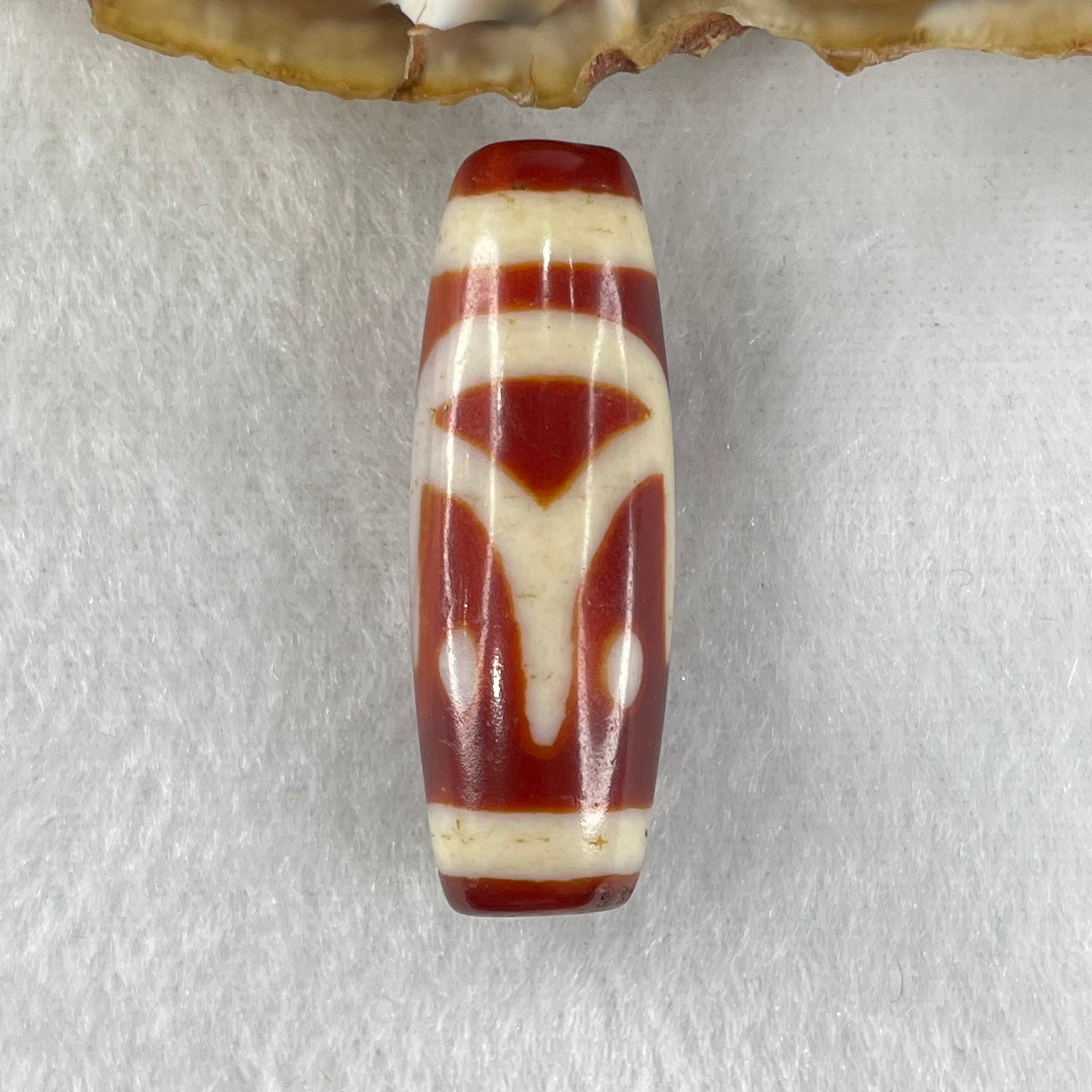 Natural Powerful Tibetan Old Oily Red White Agate One Eye Fire Sign Dzi Bead Heavenly Master (Tian Zhu) 一眼火天珠 10.21g 37.8 by 13.2mm - Huangs Jadeite and Jewelry Pte Ltd