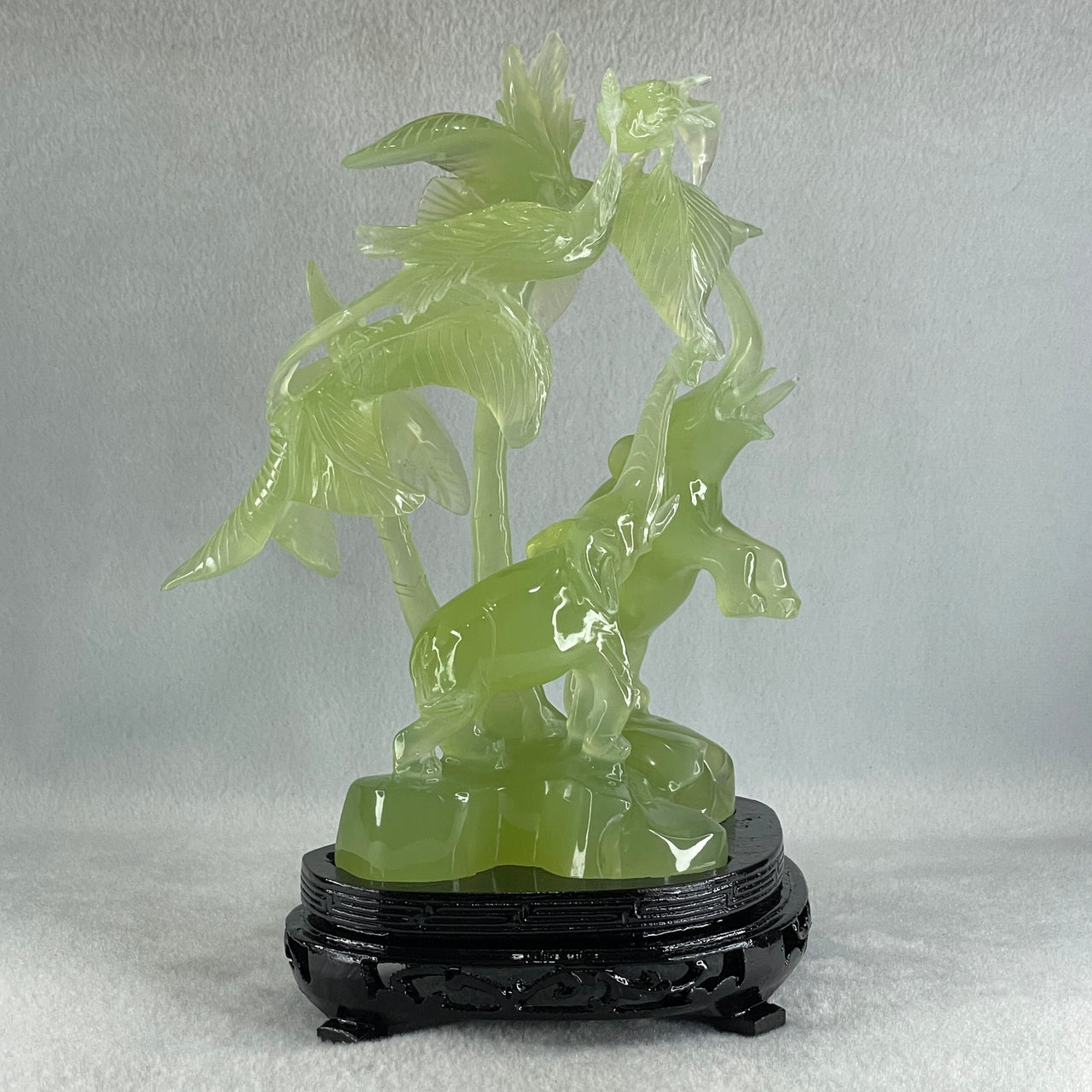 Natural Green Serpentine Double Elephants with Twin Phoenix on Coconut Tree with Wooden Stand Display 959.1g L161.0 by B114.0 by H238.0mm