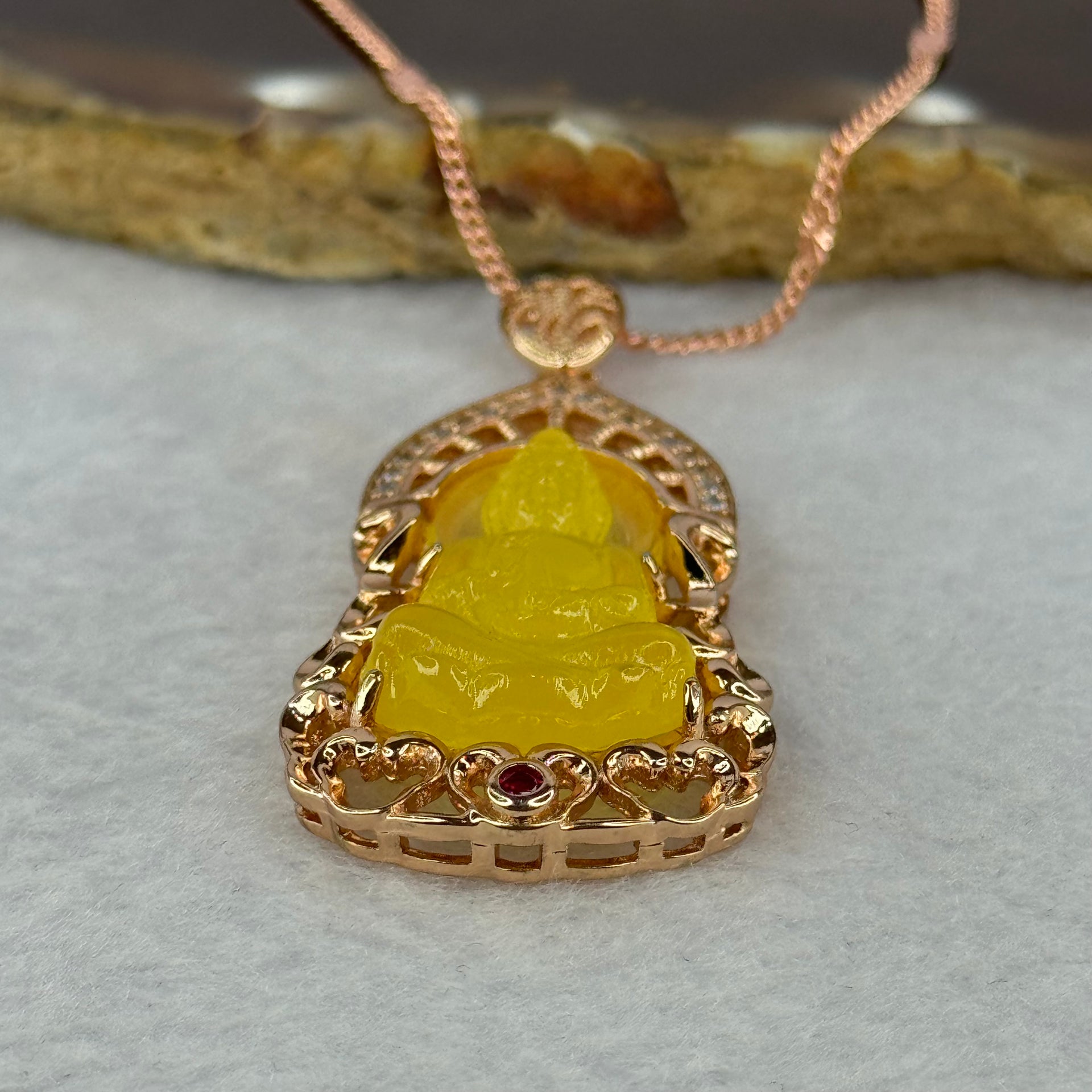 Natural Yellow Amber Guan Yin with Crystals in Silver Rose Gold Color Necklace 7.81g 16.5 by 8.1 by 3.0mm - Huangs Jadeite and Jewelry Pte Ltd