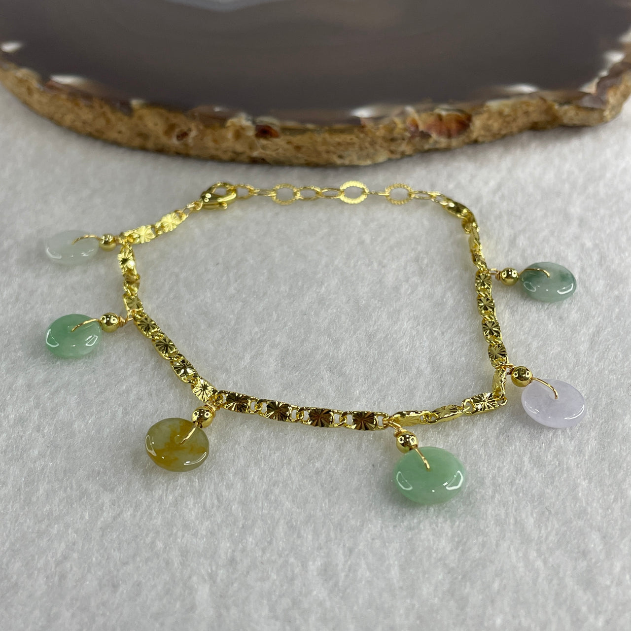 Natural Type A Muti Color ( Green, Lavender, Yellowish) Jadeite Donut Charm Bracelet 5.66g 14-18cm 8.2mm 6 Pcs - Huangs Jadeite and Jewelry Pte Ltd