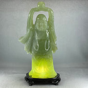 Natural Green Serpentine Stand Laughing Milo Buddha with Wealth Pot with Wooden Stand Display 1,599.3g 140.0 by 90.0 by 270.0mm - Huangs Jadeite and Jewelry Pte Ltd