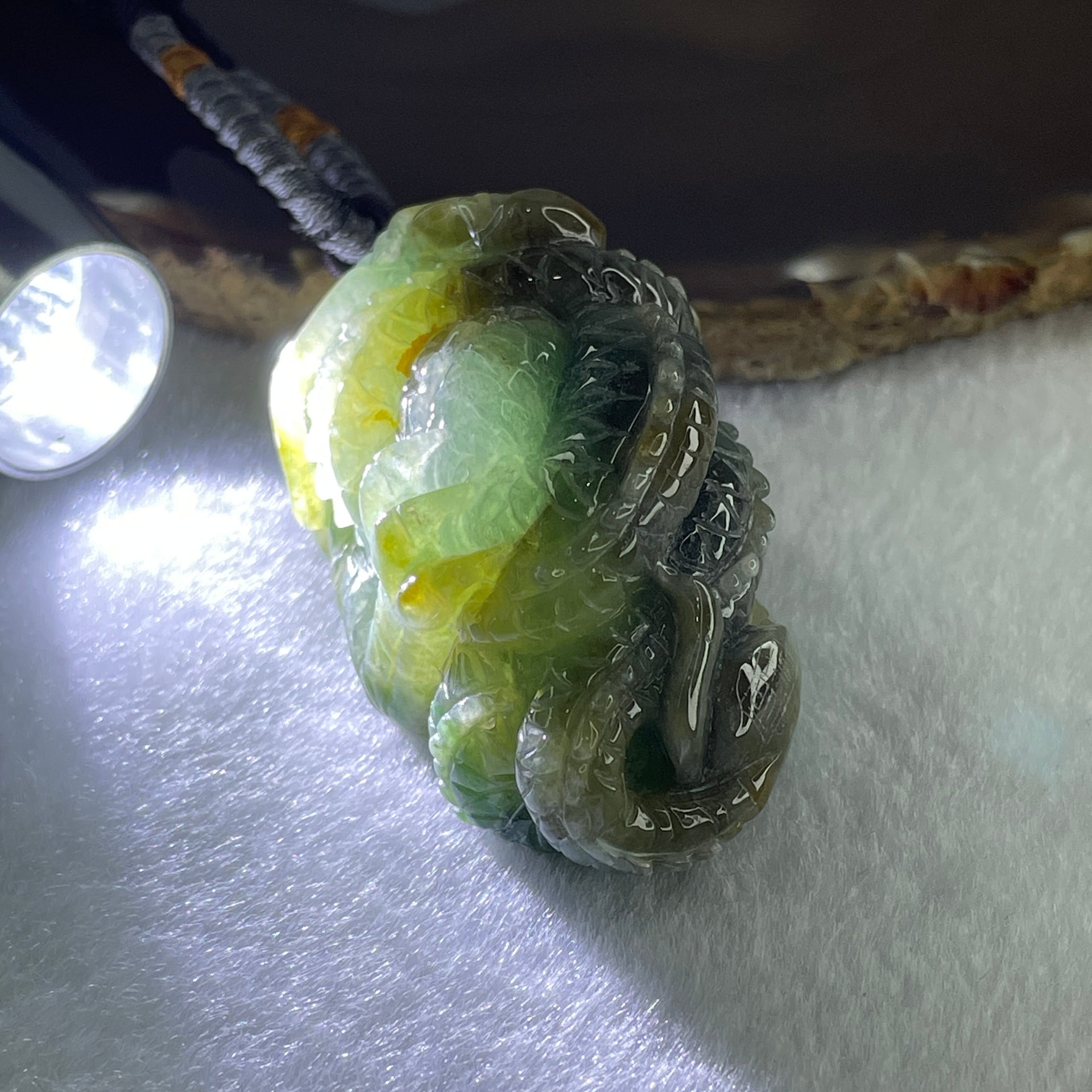 Type A Green with Yellow Patches Jadeite Dragon Pendant 97.19g 57.7 by 34.2 by 34.4mm - Huangs Jadeite and Jewelry Pte Ltd