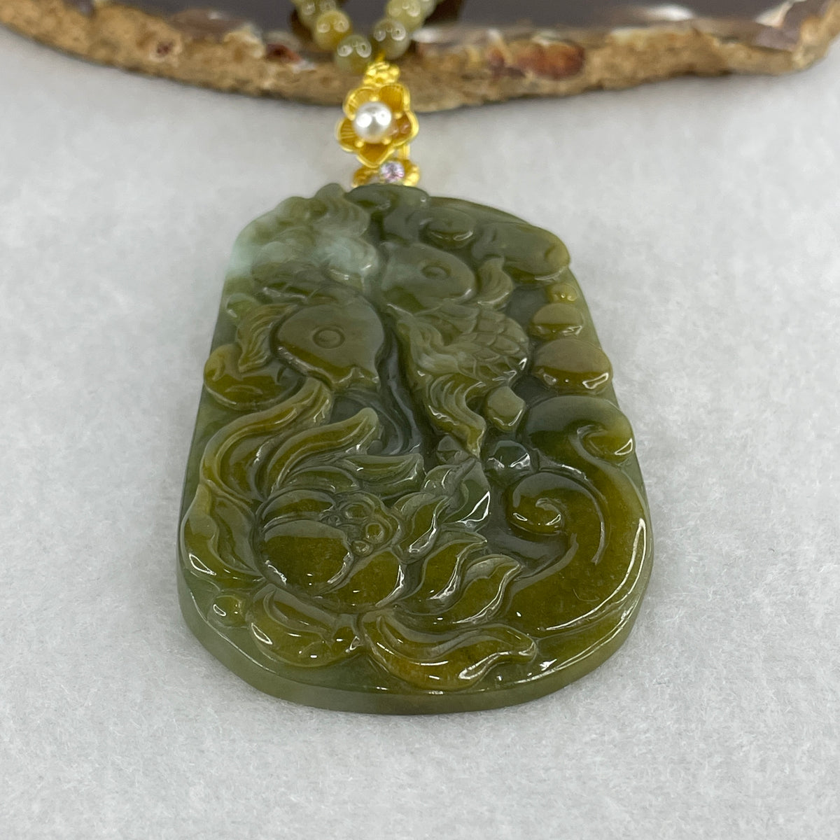 Natural Type A Brownish Green & Green Jadeite Twin Carp Fish with Lotus Flower Pendant | Perpetual Abundance & Dual-Color Harmony (70.18g | 74.8x44.1x7.6mm)