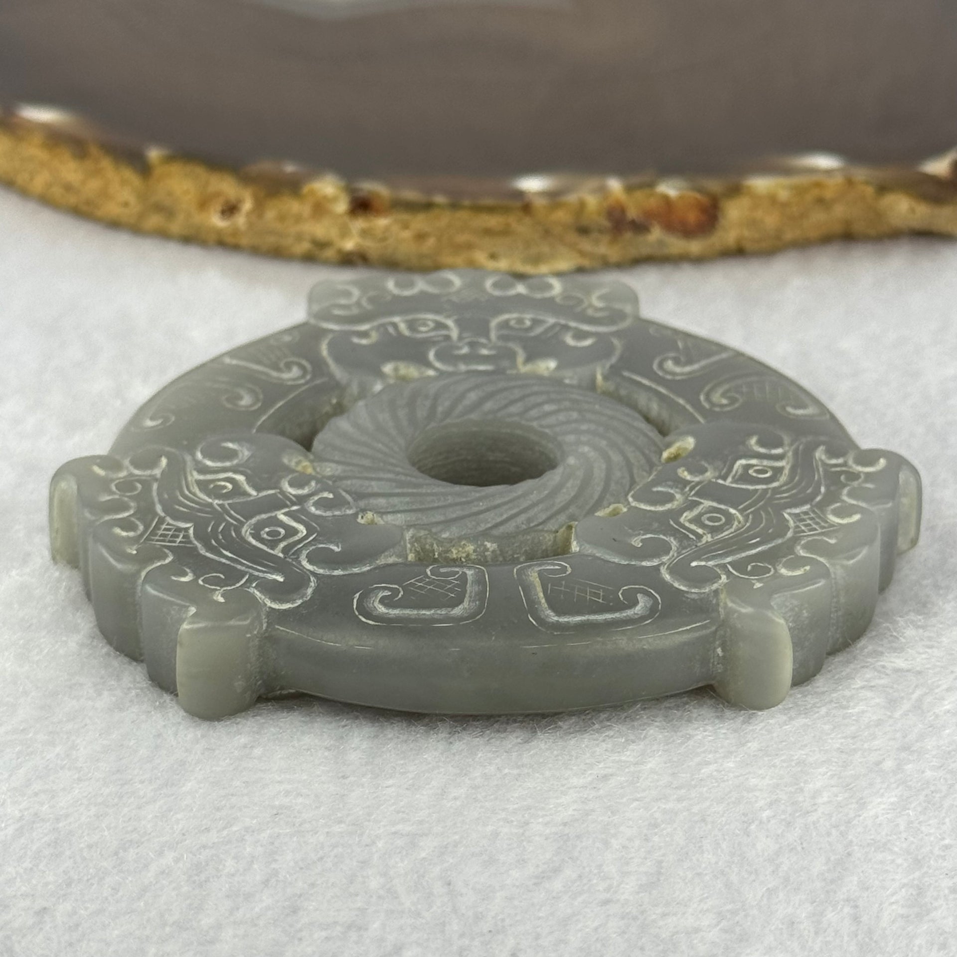 Rare Natural Greyish Lavender Nephrite 3 Mystical Beasts Double Ping An Kou Donut Ornament for Protection and Prosperity 108.05g 80.3 by 73.8 by 10.9mm - Huangs Jadeite and Jewelry Pte Ltd