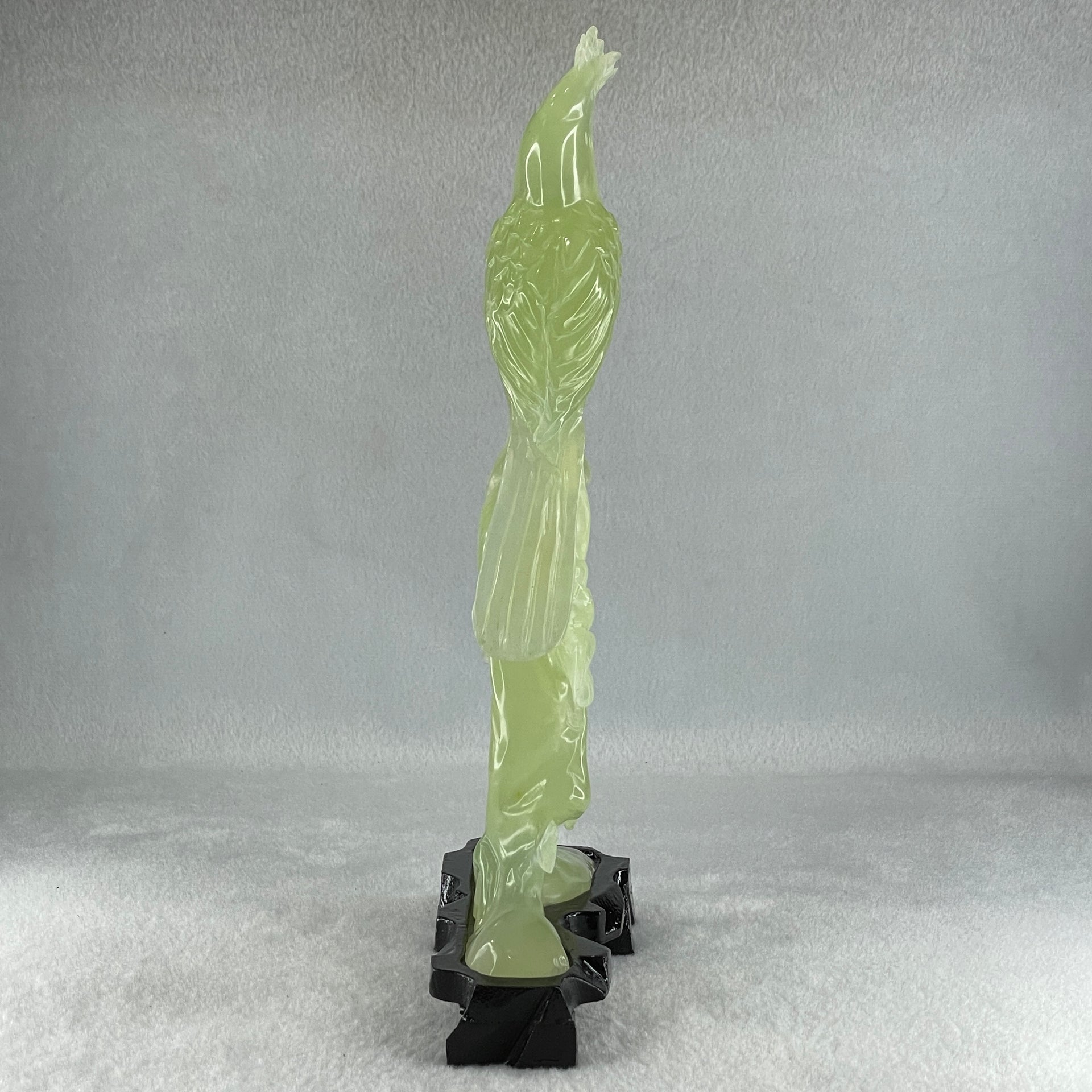 Natural Green Serpentine Javan Mynah Birds on Tree with Wooden Stand Display 388.9g 130.0 by 258.0 by 64.0mm - Huangs Jadeite and Jewelry Pte Ltd