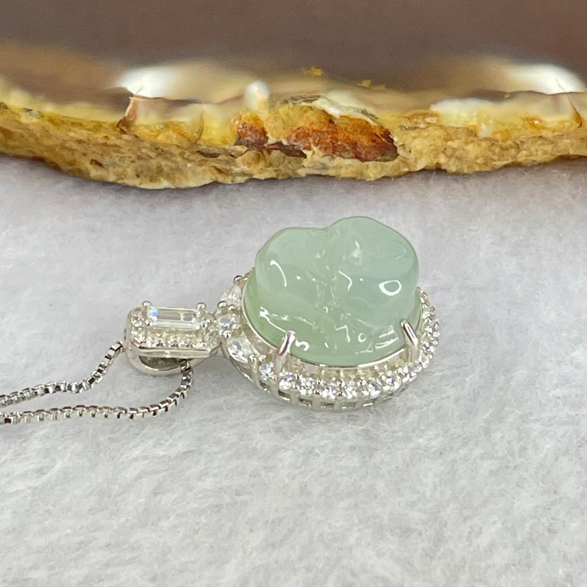 Type A Semi Icy Light Blueish Green Milo Buddha with Crystals in S925 Sliver Pendant and Necklace 6.13g 14.9 by 14.9 by 7.8mm - Huangs Jadeite and Jewelry Pte Ltd