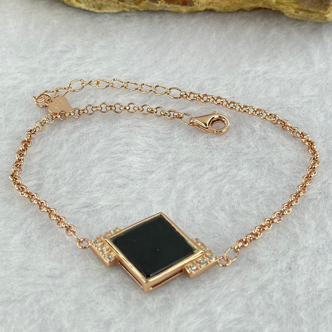 Type A Translucent Black Omphasite Jadeite Square Wu Shi Pai with Crystals in S925 Sliver Rose Gold Color Bracelet 3.44g 15.2 by 1.2mm - Huangs Jadeite and Jewelry Pte Ltd