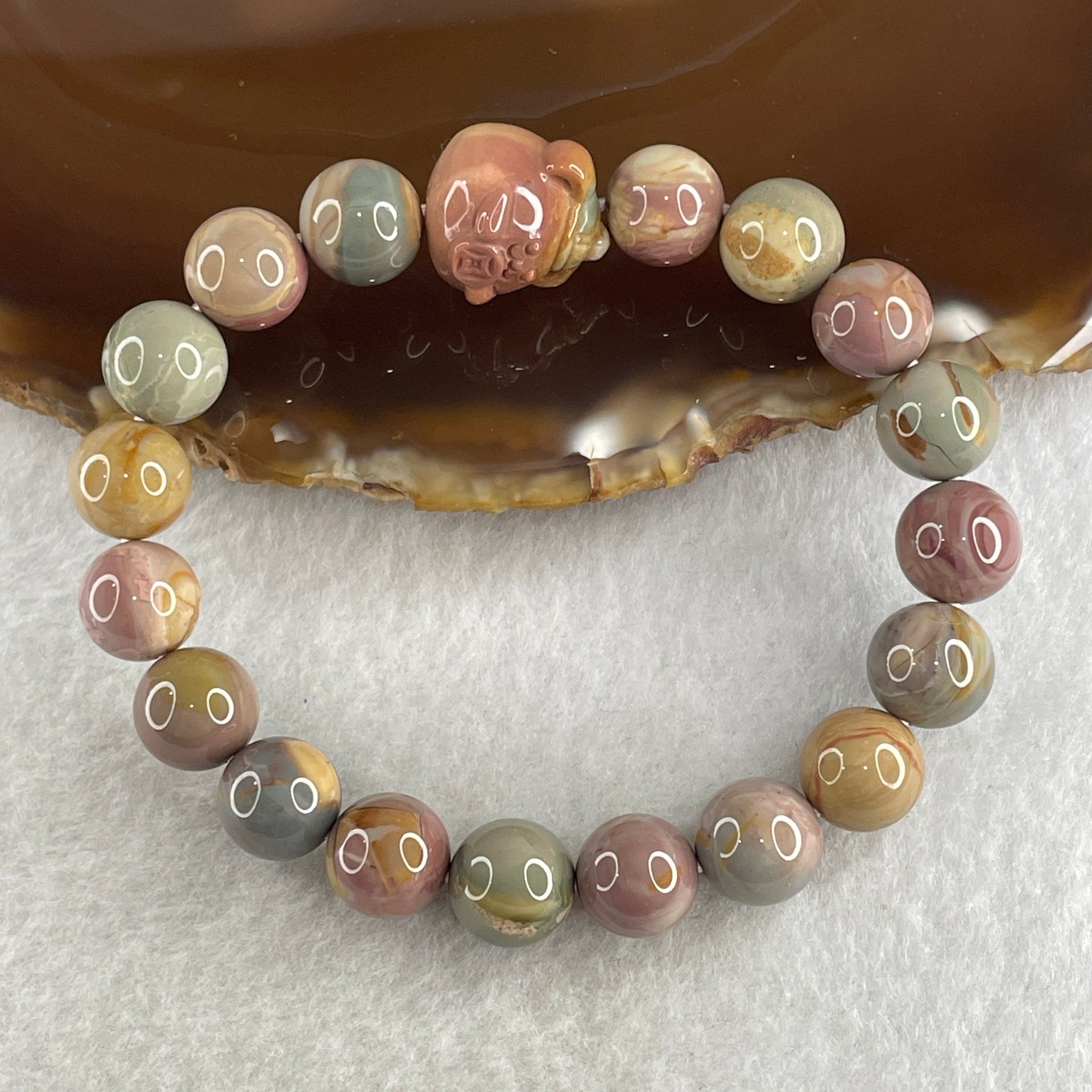 Natural Alashan Agate Pastels Pink Beads with Pig Charm Bracelet 29.54g 16cm 10.2mm 18 Beads - Huangs Jadeite and Jewelry Pte Ltd