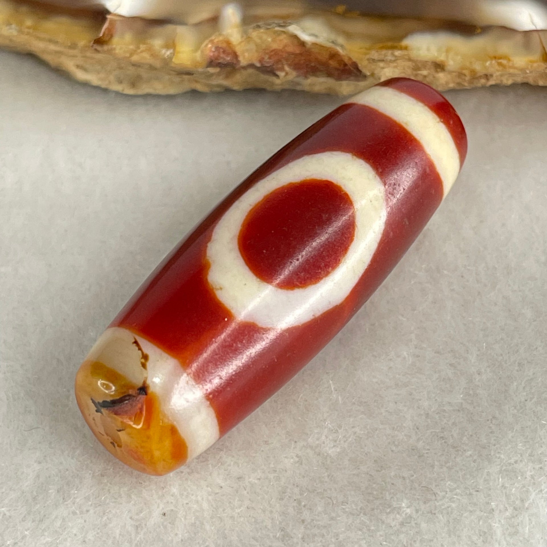 Natural Powerful Tibetan Old Oily Red White Agate One Eye Wood Element Dzi Bead Heavenly Master (Tian Zhu) 一眼木元素天珠 10.52g 38.1 by 13.3mm - Huangs Jadeite and Jewelry Pte Ltd