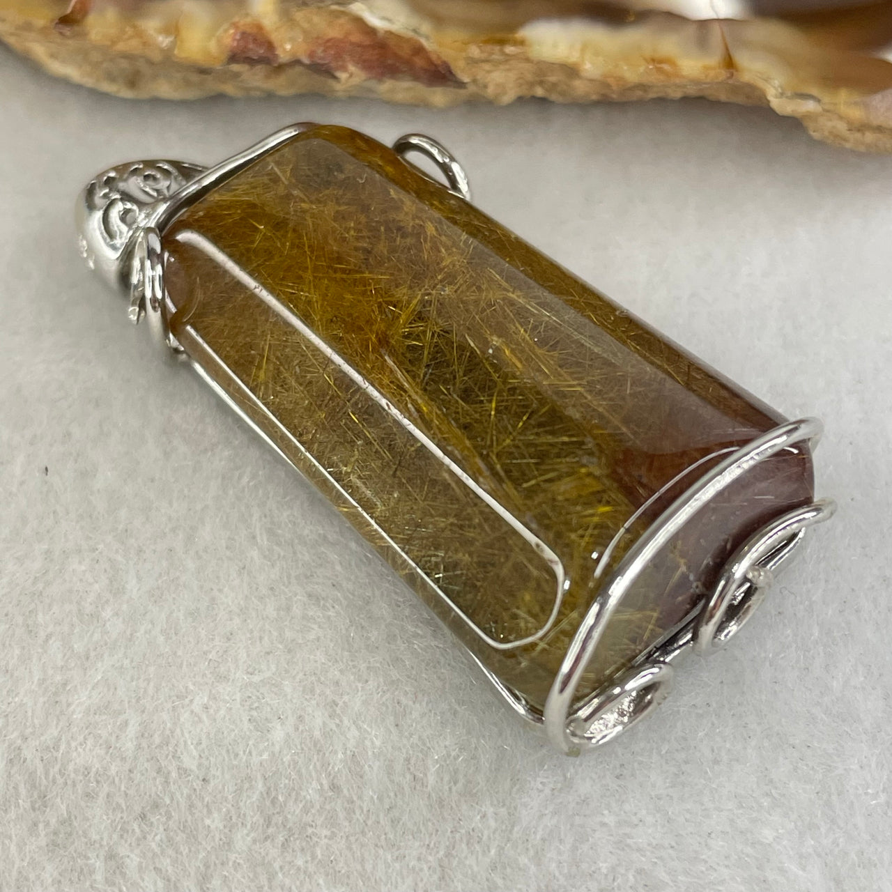 Good Grade Natural Copper Rutilated Quartz Rectangle Shape in S925 Silver Pendant 16.69g 35.0 by 19.8 by 12.9mm - Huangs Jadeite and Jewelry Pte Ltd