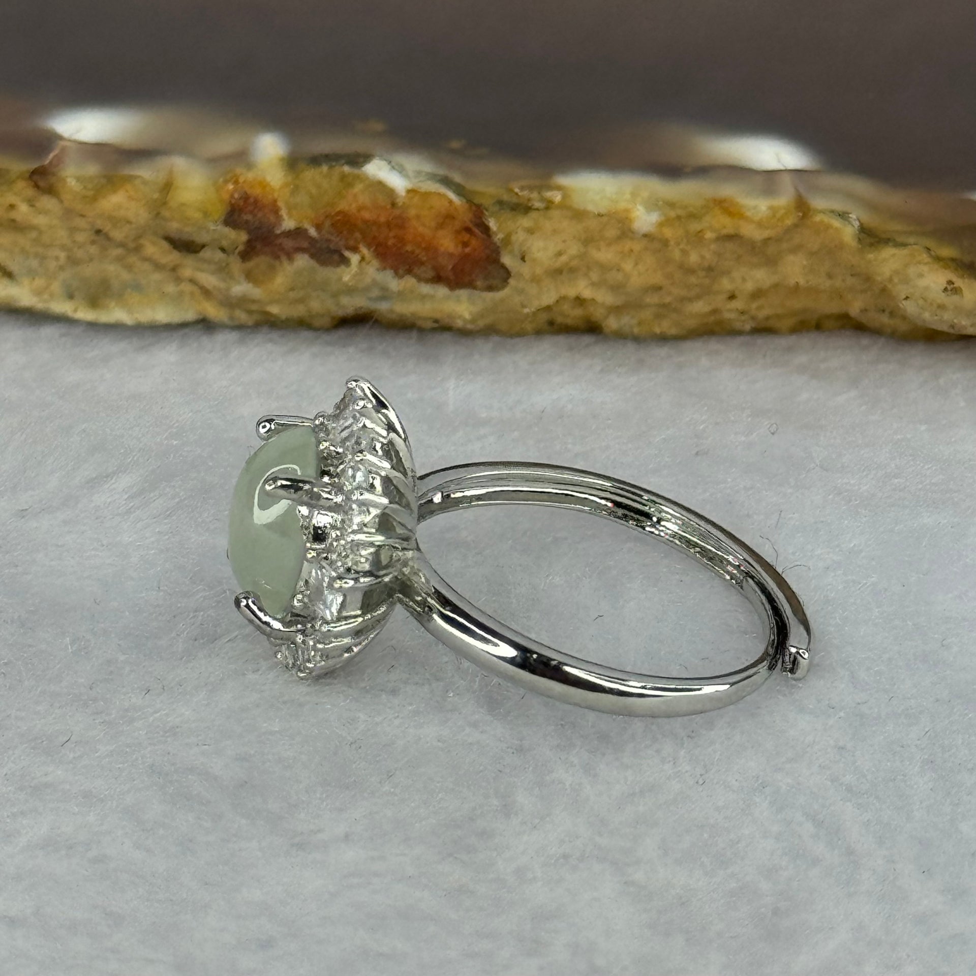 Type A Semi Icy Light Green Jadeite with Crystals in S925 Sliver Ring (Adjustable Size) 2.68g 8.7 by 6.7 by 3.5mm - Huangs Jadeite and Jewelry Pte Ltd