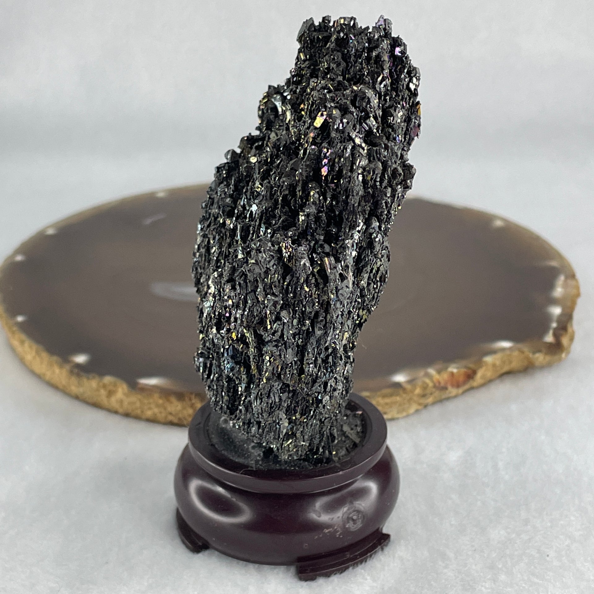 Natural Black Moissanite Rough Display wit Wooden Stand 140.35g 71.7 by 47.5 by 108.5mm - Huangs Jadeite and Jewelry Pte Ltd