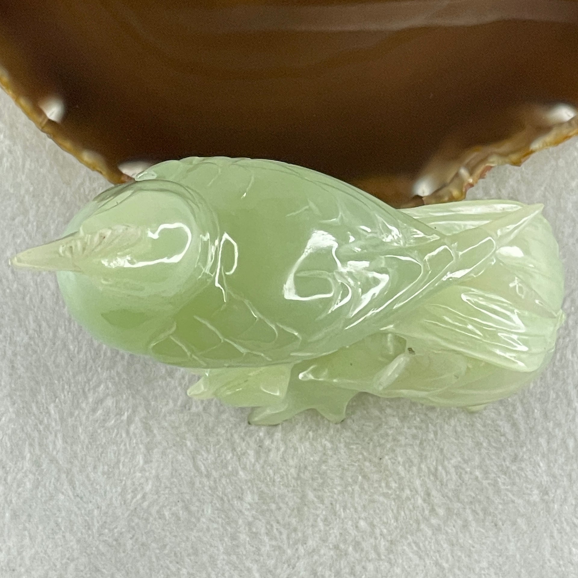 Natural Green Serpentine Bird with Wooden Stand Display 316.4g 117.3 by 76.2 by 175.0mm - Huangs Jadeite and Jewelry Pte Ltd
