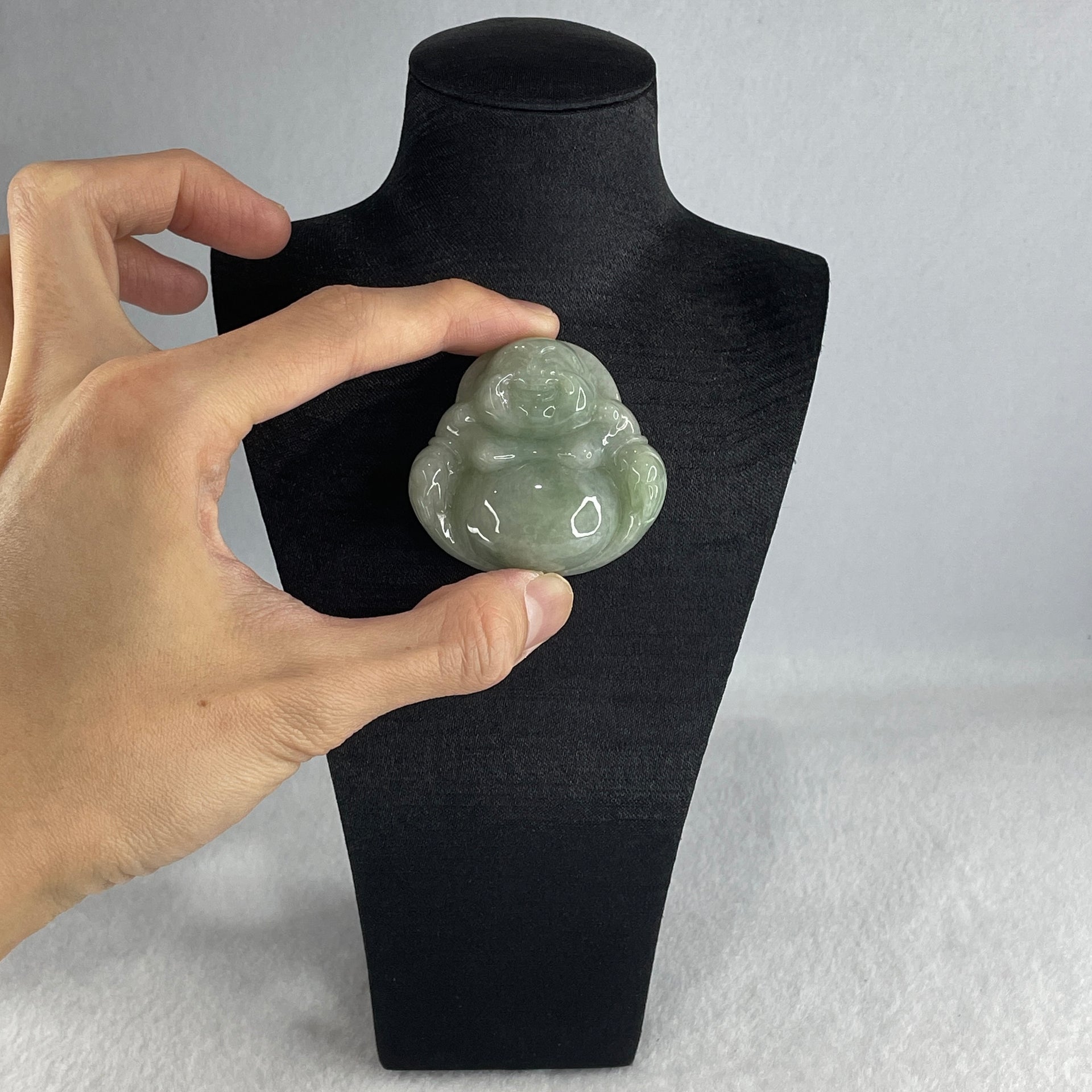 Natural Type A Green Jadeite Milo Laughing Buddha Pendant 47.59g 46.1 by 48.7 by 14.6mm - Huangs Jadeite and Jewelry Pte Ltd
