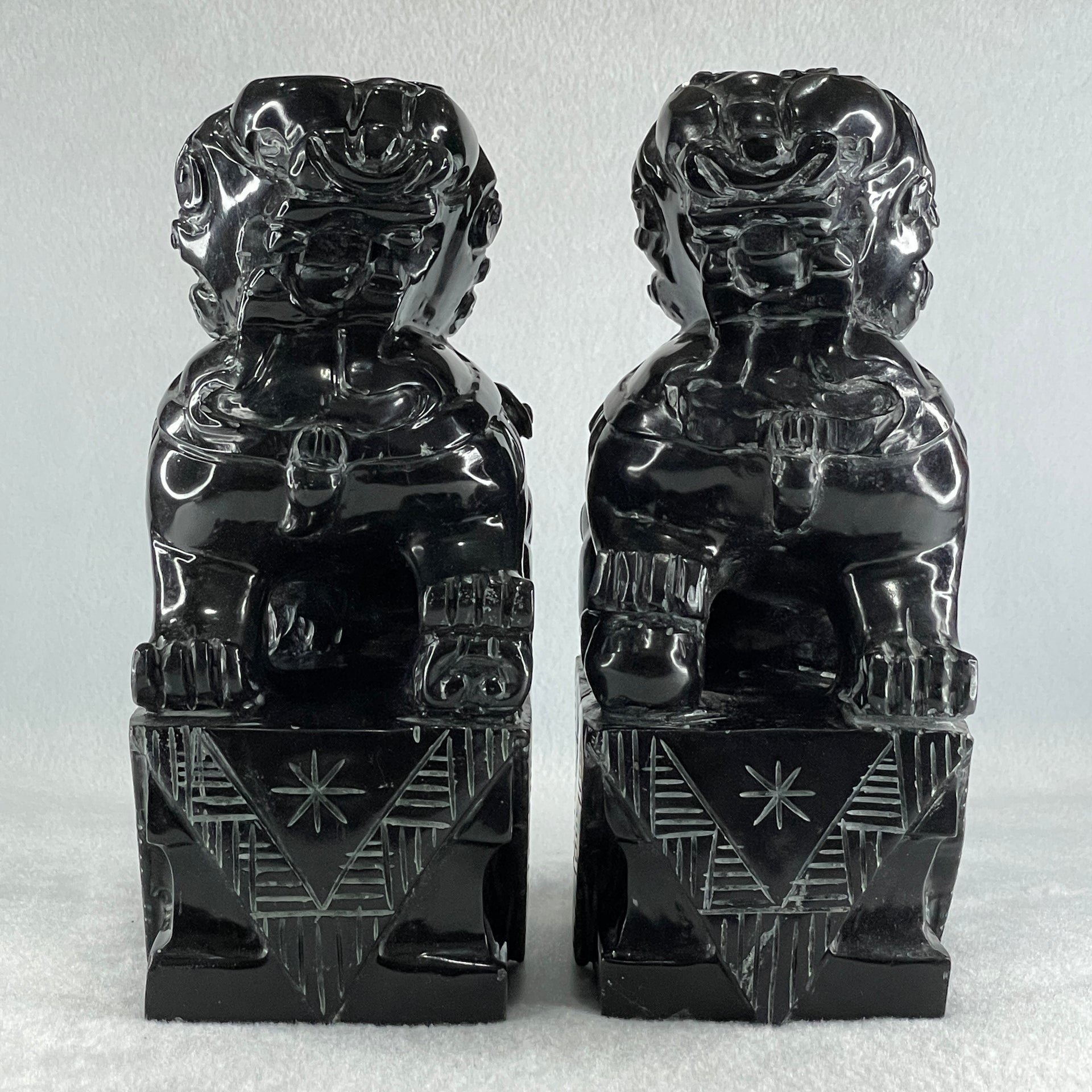 Black Pair of Fu Gou with Wooden Stand Display 5,365.5g Each about 110.0 by 15.0 by 230.0mm - Huangs Jadeite and Jewelry Pte Ltd
