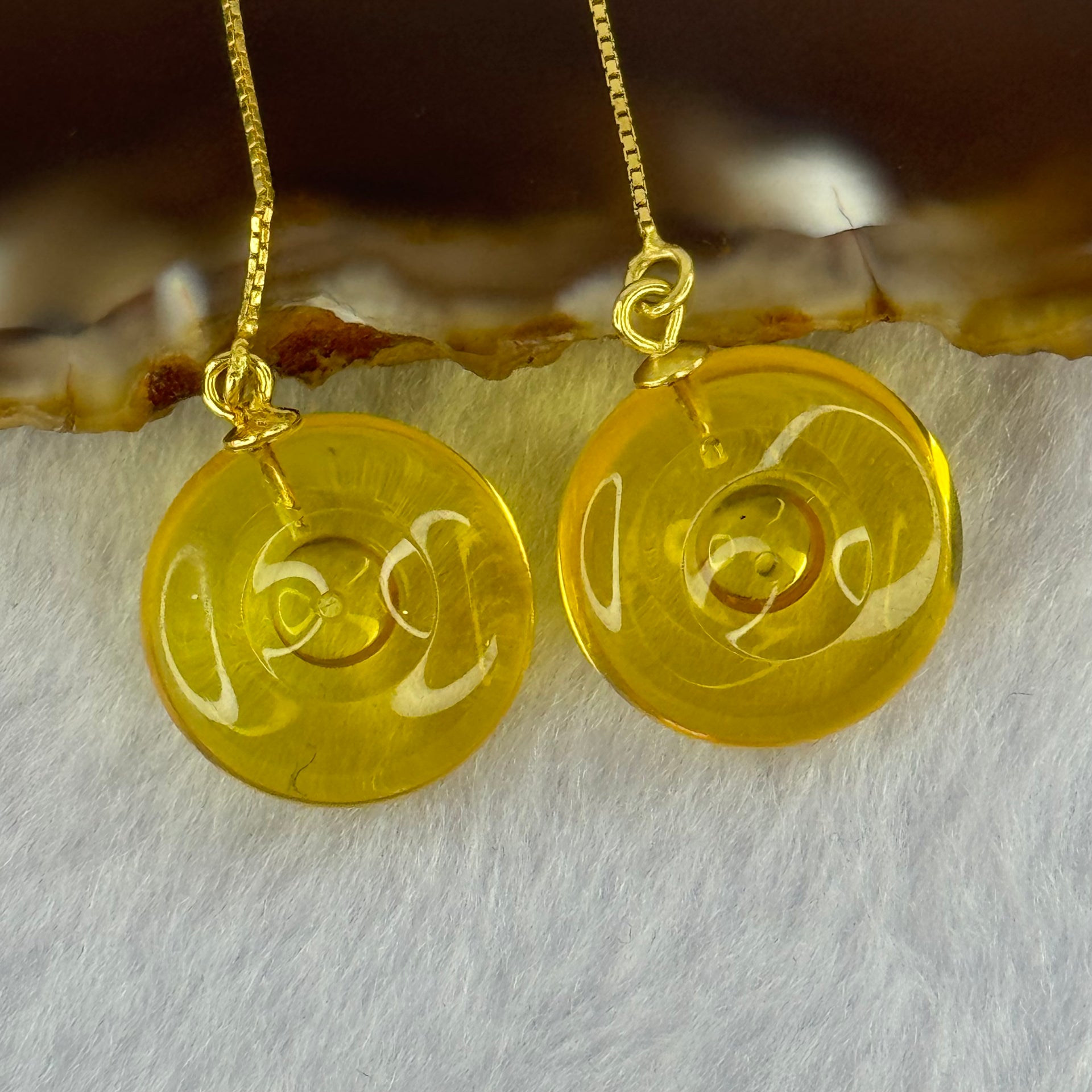 Natural Golden Yellow Amber Ping An Kou Donut Silver in Gold Color Earrings 2.36g 15.0 by 6.7mm - Huangs Jadeite and Jewelry Pte Ltd