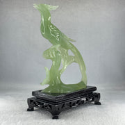 Natural Green Serpentine Phoenix Birds on Tree with Wooden Stand Display 366.6g 139.0 by 198.0 by 75.0mm - Huangs Jadeite and Jewelry Pte Ltd