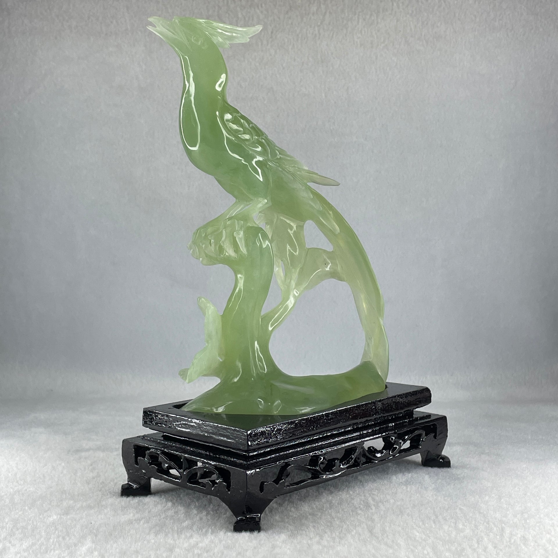 Natural Green Serpentine Phoenix Birds on Tree with Wooden Stand Display 366.6g 139.0 by 198.0 by 75.0mm - Huangs Jadeite and Jewelry Pte Ltd