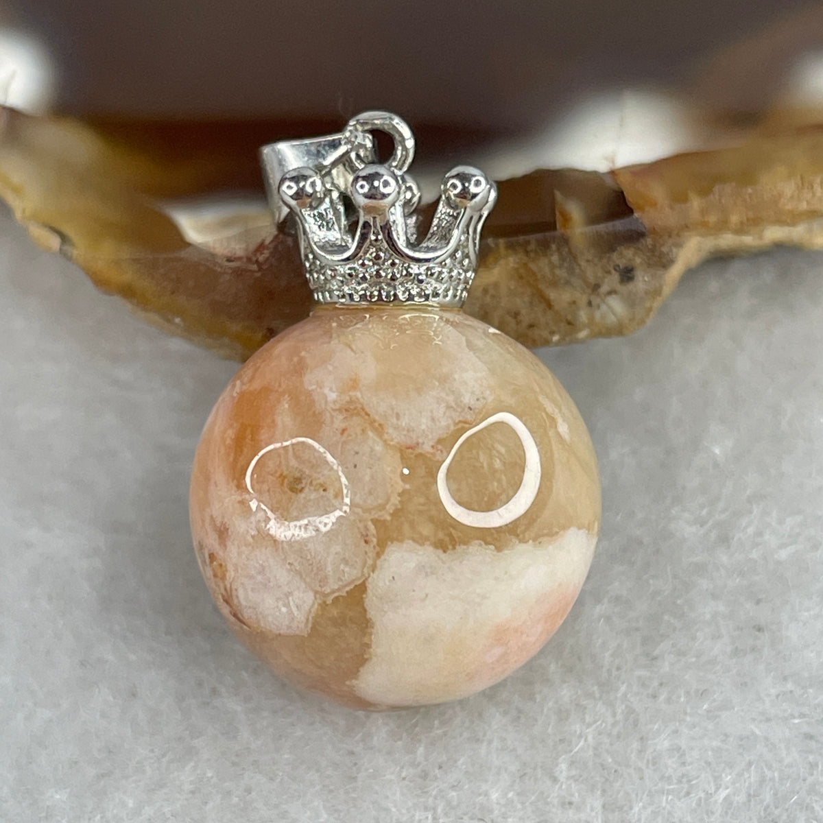 Natural Pink Flower Agate Spherical Ball Pendant with Royal Crown Clasp | Cherry Blossom Quartz Growth & Joy Talisman (5.76g | 15.5mm Sphere)