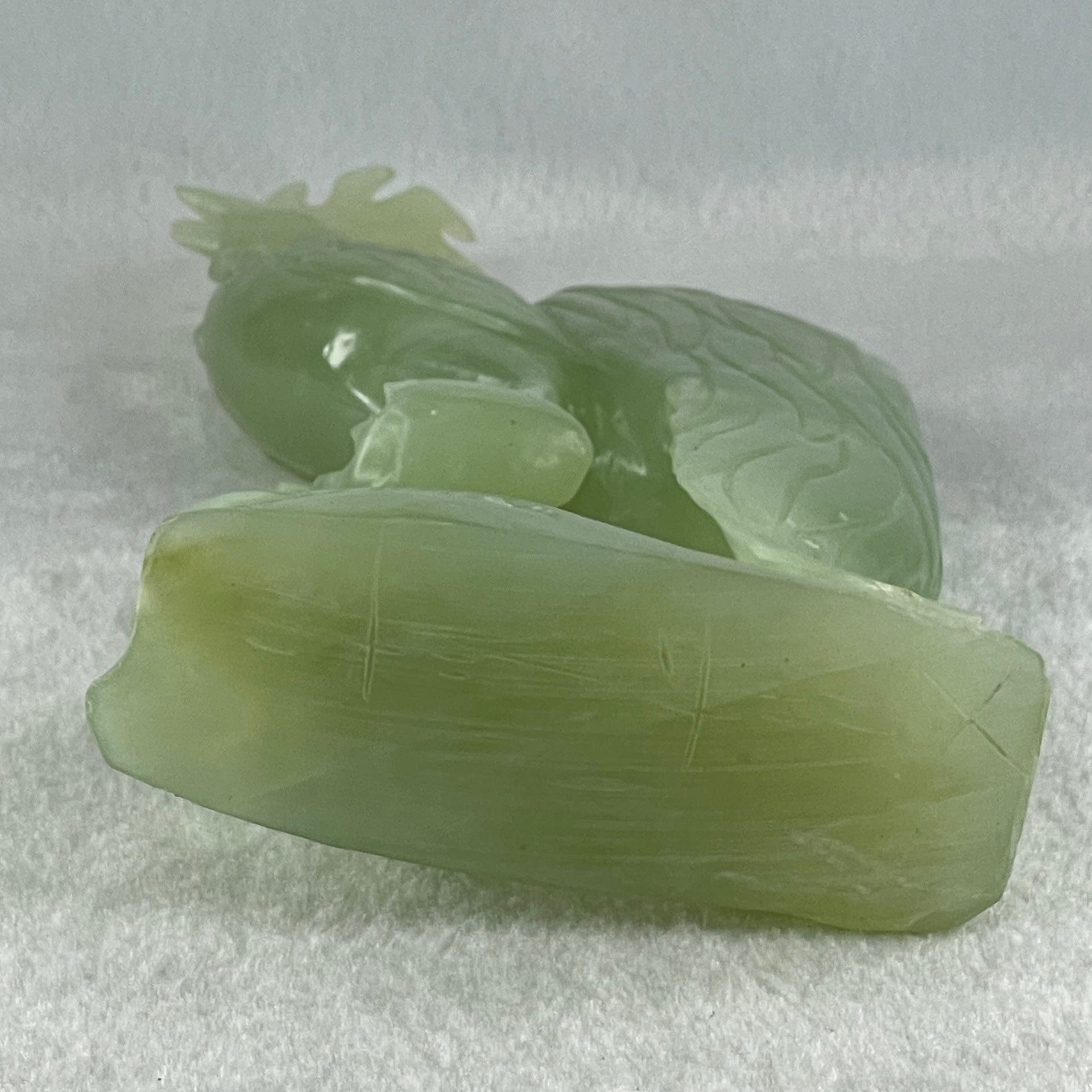 Natural Green Serpentine Rooster on Tree with Wooden Stand Display 820.9g 128.0 by 265.0 by 62.0mm - Huangs Jadeite and Jewelry Pte Ltd