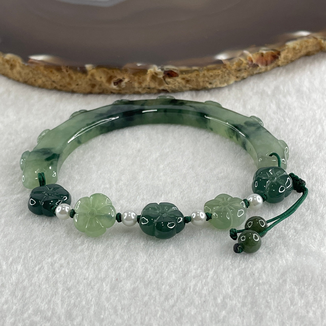 Natural Type A Semi Icy Green with Dark Green Piao Hua Jadeite Flower Bracelet 25.09g 16cm 5.2 by 11.1mm - Flower 11.2 by 10.8 by 4.9mm