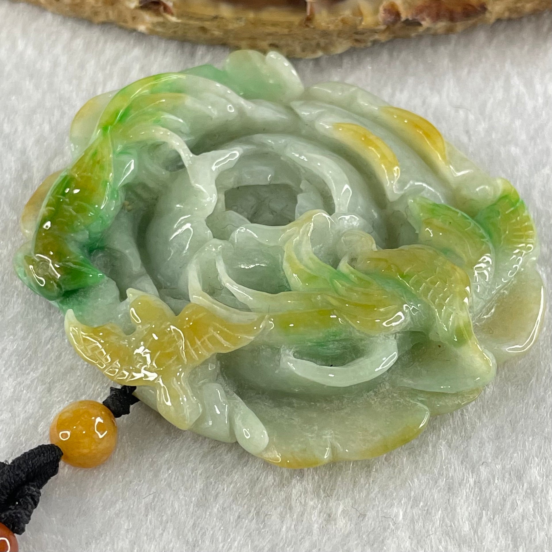 Grandmaster Type A Blueish Green with Green and Yellow Patches Jadeite Three Birds with Flowers Pendant with Beads Necklace 花开富贵 67.26g 60.mm 49.1 by 56.5 by 12.0mm - Huangs Jadeite and Jewelry Pte Ltd