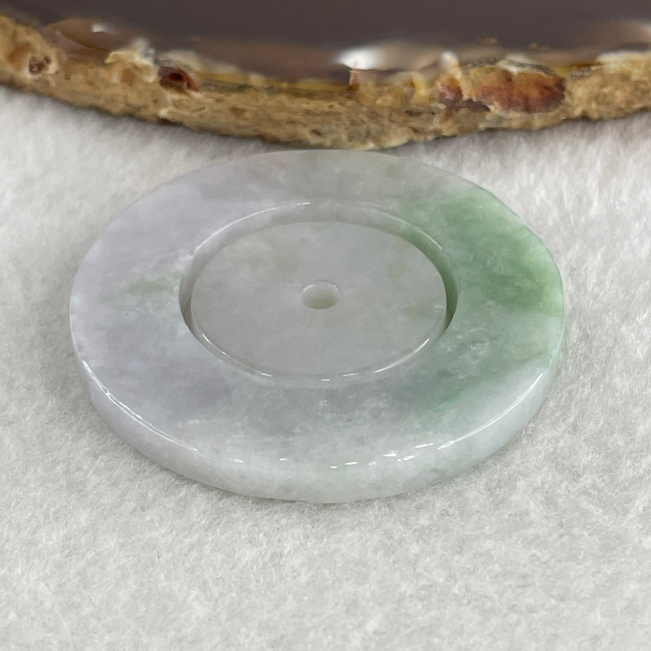 Natural Type A Faint Lavender with Green Patches Jadeite Double Ping An Kou Donut Pendant 21.47g 44.3 by 4.7mm ( 23.3 by 4.5mm ) - Huangs Jadeite and Jewelry Pte Ltd