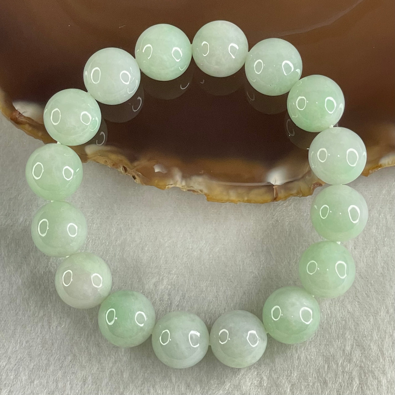 Type A Light Green Jadeite Beads Bracelet 55.52g 16cm 12.7mm 16 Beads - Huangs Jadeite and Jewelry Pte Ltd