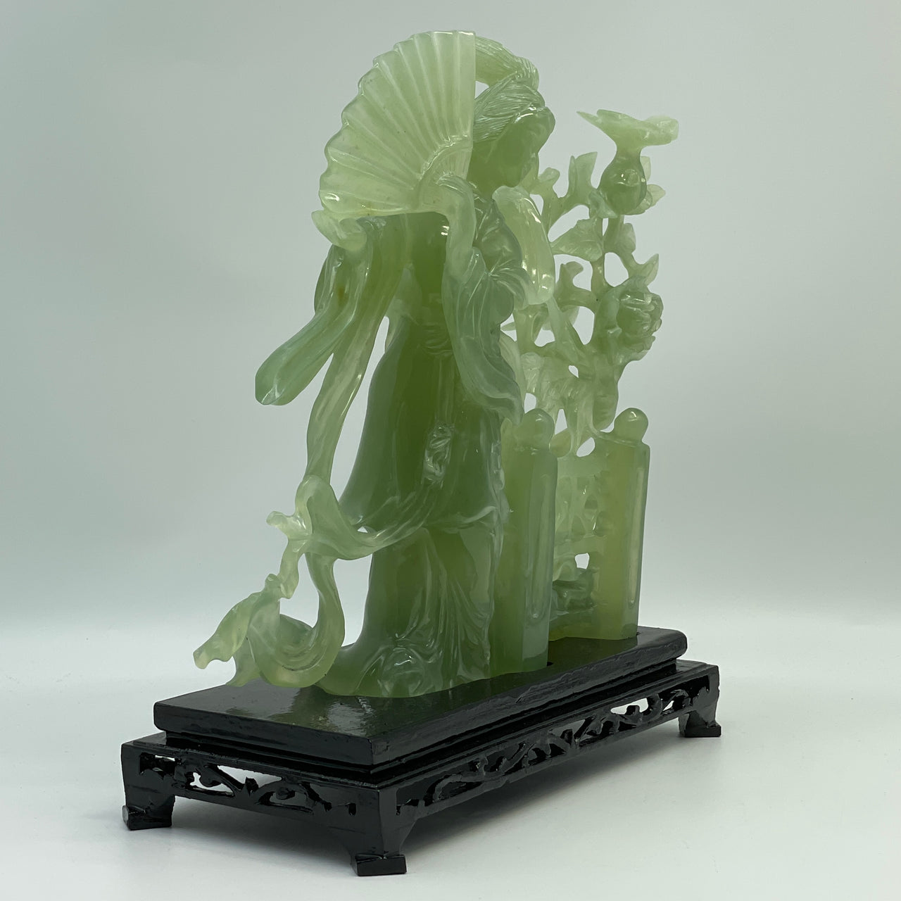 Natural Semi Icy Green Serpentine Fairy and Fan and Flower with Wooden Stand Display 1,411.5g 255.0 by 115.0 by 250.0mm