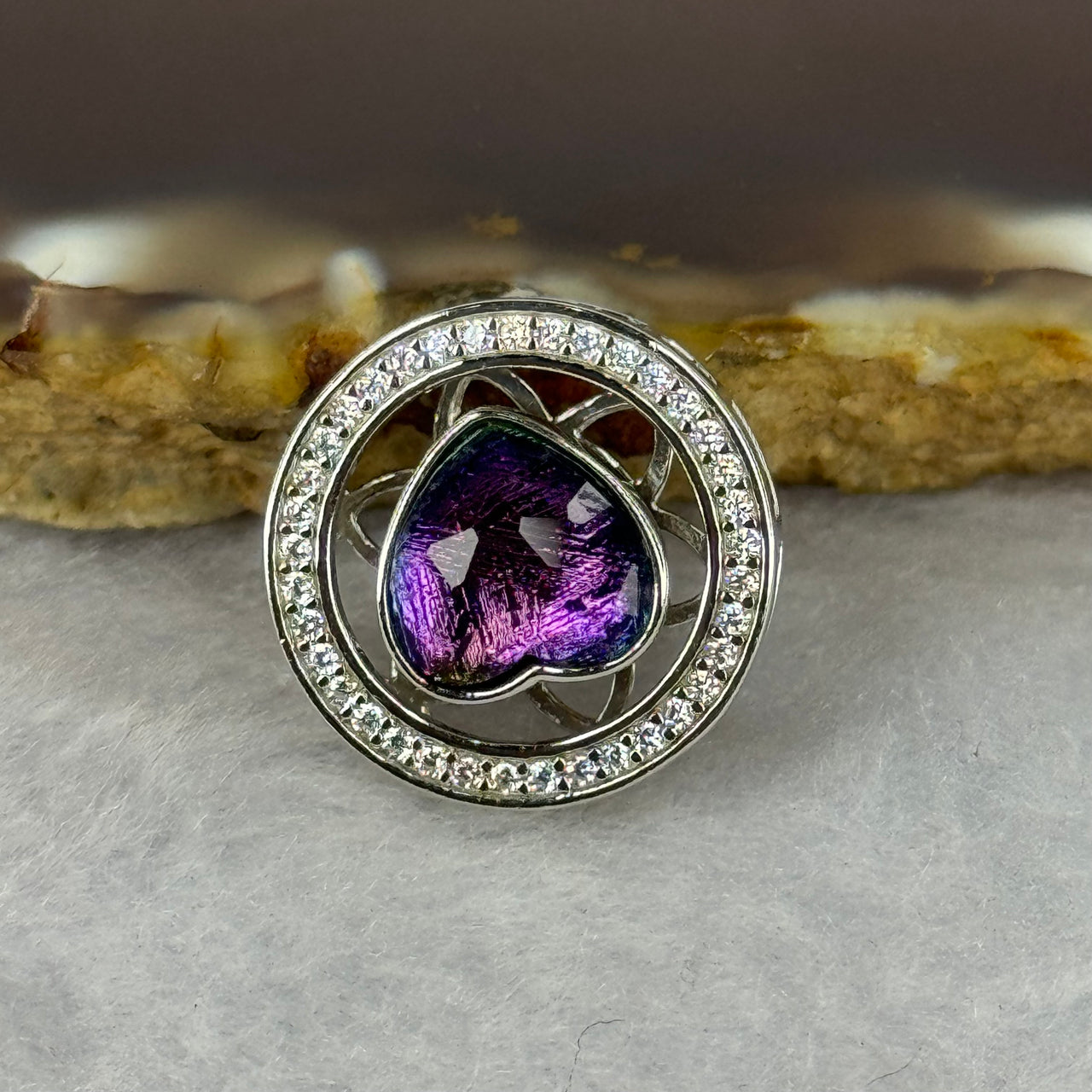 Natural Meteorite Powerful Energy Spinning Purple with Yellow Heart Charm in S925 Silver with Crystals For Necklace / Bracelet 2.89g 15.9 by 6.9mm - Huangs Jadeite and Jewelry Pte Ltd