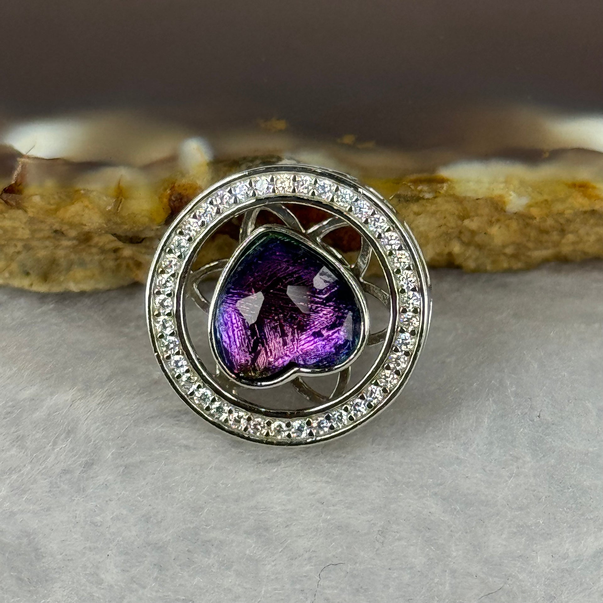 Natural Meteorite Powerful Energy Spinning Purple with Yellow Heart Charm in S925 Silver with Crystals For Necklace / Bracelet 2.89g 15.9 by 6.9mm - Huangs Jadeite and Jewelry Pte Ltd