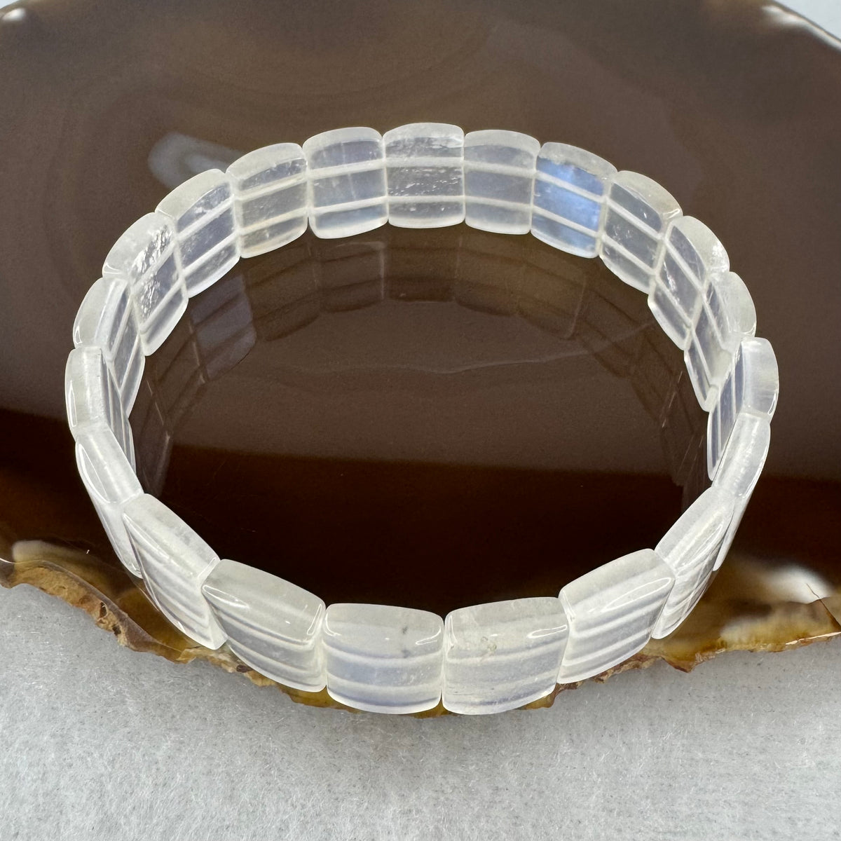 Certified Good Grade Natural Blue Moonstone Shou Pai Bracelet | 14.0mm Ethereal Blue Amulet (21.990g | 18cm Wrist | 21 Pcs)