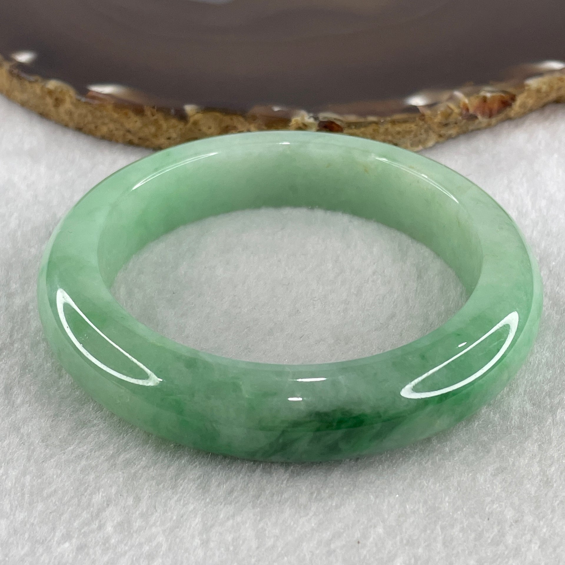 Certified Natural Type A Light Apple Green with Emerald Green Fluorite Piao Hua Jadeite Bangle 75.87g Internal Diameter 58.0mm 13.5 by 10.0mm ( Slight Internal Line) - Huangs Jadeite and Jewelry Pte Ltd