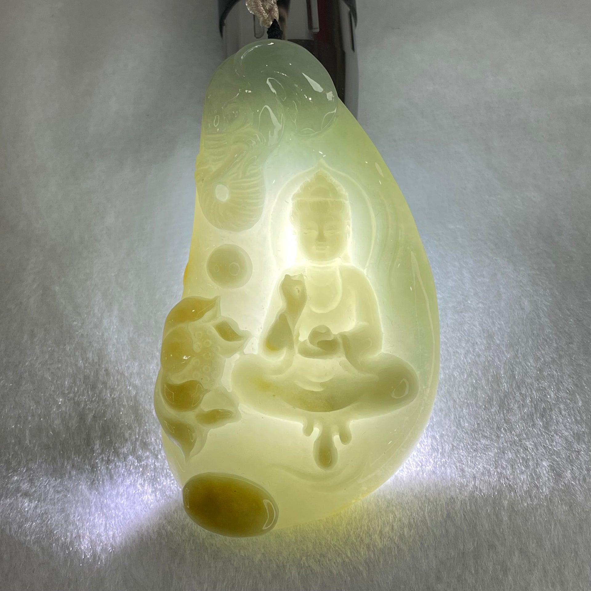 Type A Light Blueish Green with Yellow Jadeite Samantabhadra Bodhisattva Guan Yin on Elephant and Flower Pendant 93.42g 84.3 by 49.0 by 13.2mm - Huangs Jadeite and Jewelry Pte Ltd