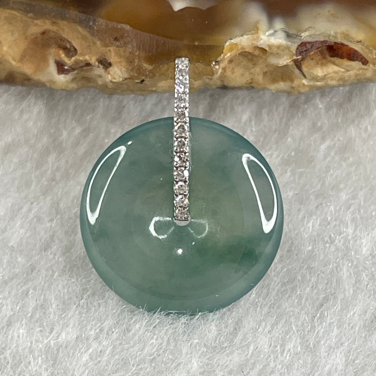 Certified Natural Type A Semi Icy Blueish Green Jadeite Ping An Kou Pendant in 18k White Gold Clasp 1.14g 13.2 by 2.7mm