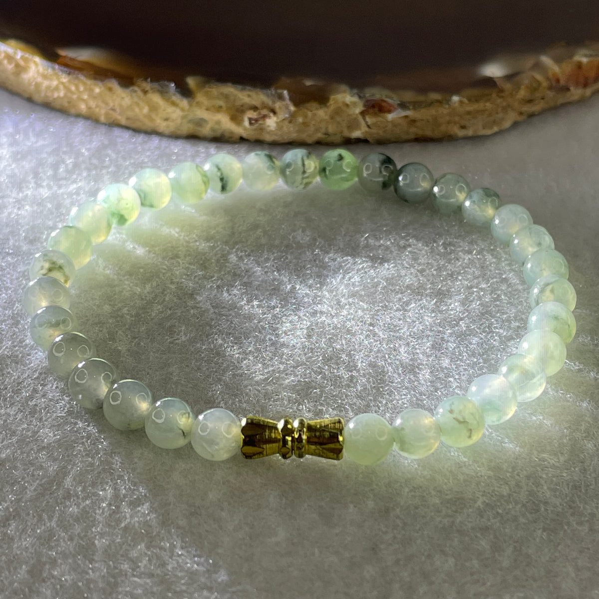 Natural Type A Semi Icy Light Green & Wuji Piao Hua Jadeite Beads Bracelet |(10.15g | 15.5cm | 5.8mm x 32 Beads | Heart, Root & Throat Chakra Synergy, "Wuji" Spatial Shield & Feng Shui Serenity Anchor) - Huangs Jadeite and Jewelry Pte Ltd