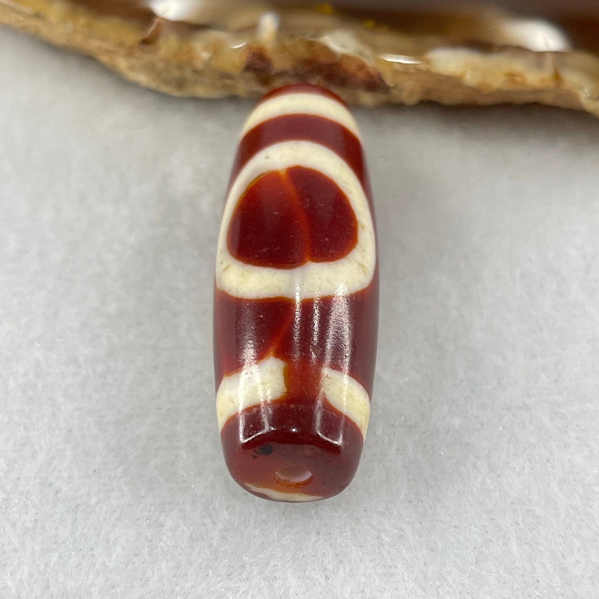 Natural Powerful Tibetan Old Oily Red White Agate One Eye Fire Sign Dzi Bead Heavenly Master (Tian Zhu) 一眼火天珠 10.70g 37.4 by 13.4mm - Huangs Jadeite and Jewelry Pte Ltd