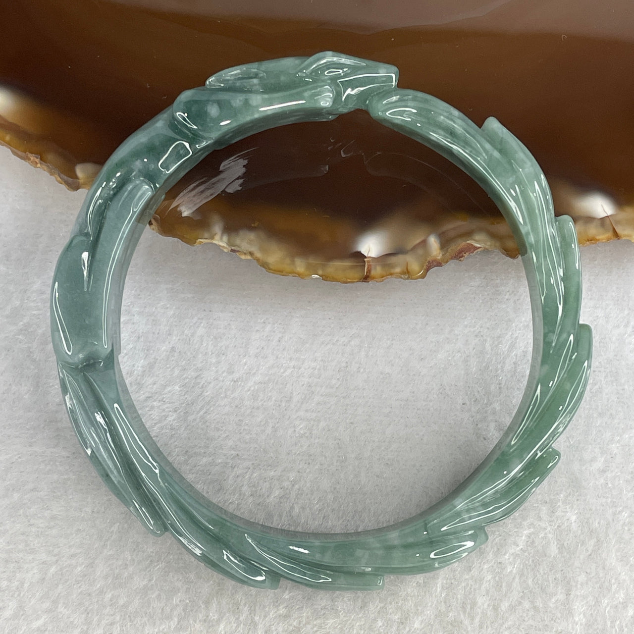 Natural Type A Blueish-Green Jadeite Carved Bangle | 57.9mm Mystical "Nine-Tailed Fox" | Hand-Sculpted Premium "Fei Cui" Round Wrist Heirloom 41.28g 12.3x8..5mm (Internal Lines)