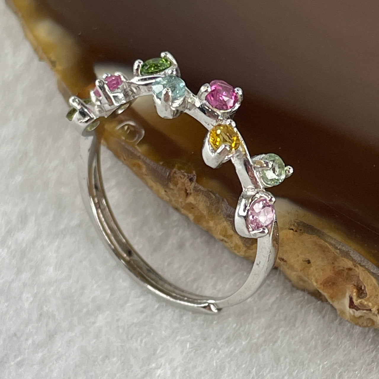 Natural Rainbow Tourmaline Faceted Ring in S925 Sliver Adjustable Size 1.57g 2.2 by 1.0mm 9Pcs