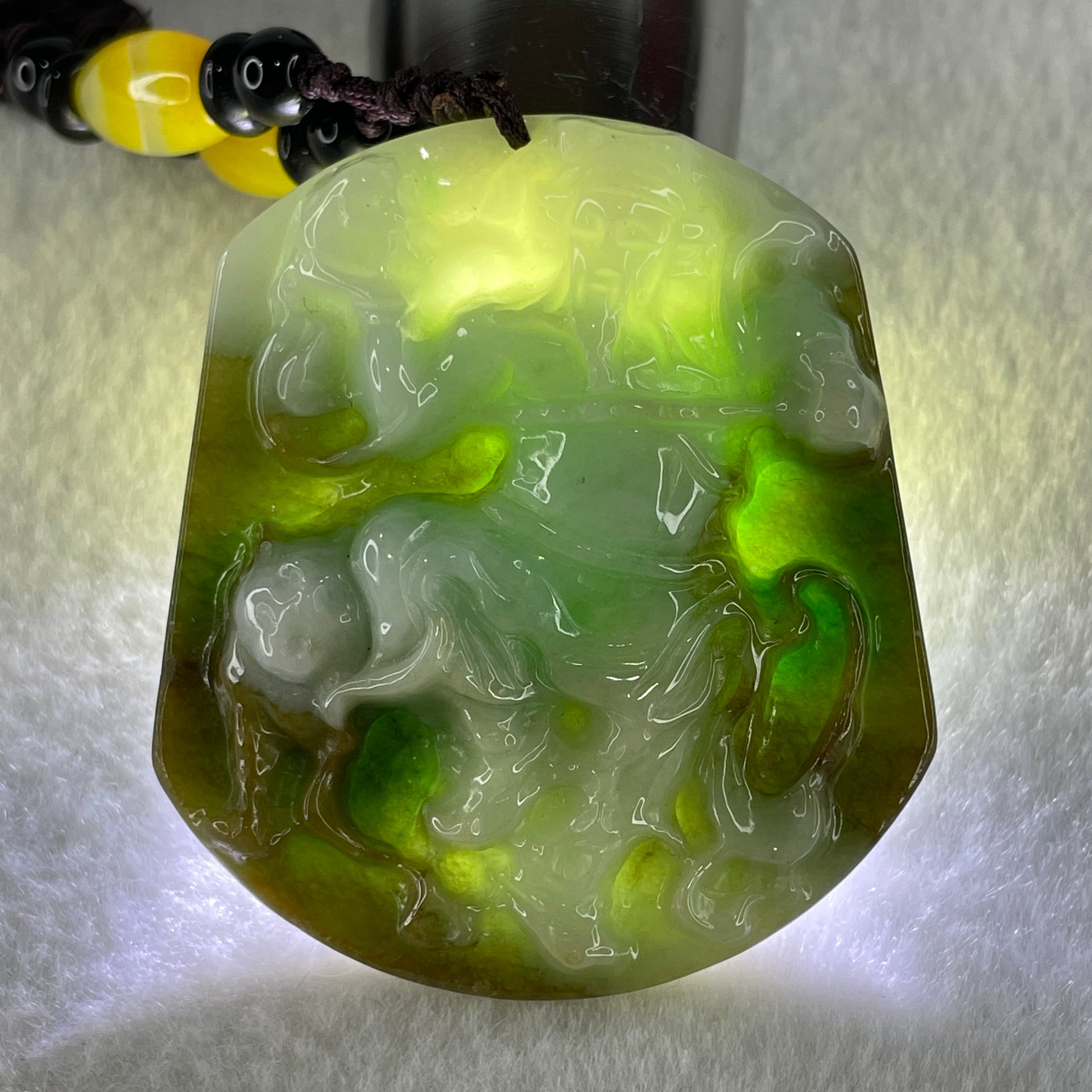 Type A Natural Light with Dark Green Jadeite Wu Cai Shen Zhao Gong Ming God of Wealth with Tiger Pendant 55.47g 53.6 by 47.1 by 4.4mm - Huangs Jadeite and Jewelry Pte Ltd