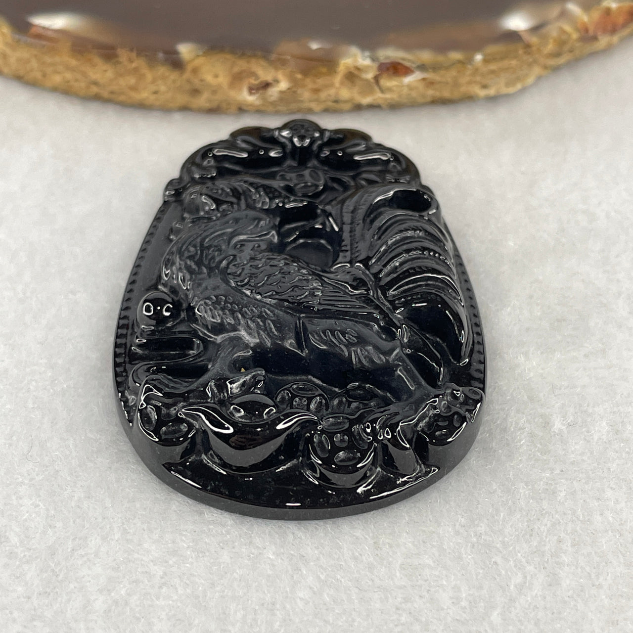 Certified Type A Opaque Black Omphacite Jadeite Rooster with Bat & Coins Pendant | Fortune & Rooster Zodiac Protection Talisman (34.03g | 59.0 x 40.3 x 8.3mm)
