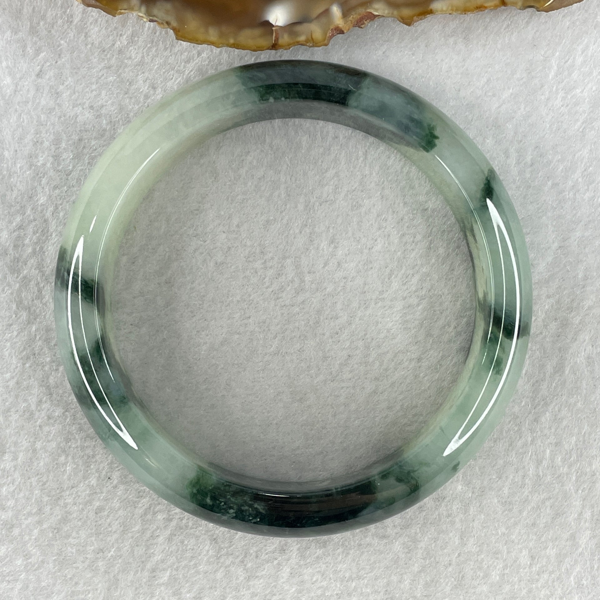 Certified Type A Natural Jelly Light Green with Dark Green Piao Hua Jadeite Bangle 65.93g Inner Diameter 58.6mm 14.9 by 8.0mm (Very Very Slight Internal Line) - Huangs Jadeite and Jewelry Pte Ltd
