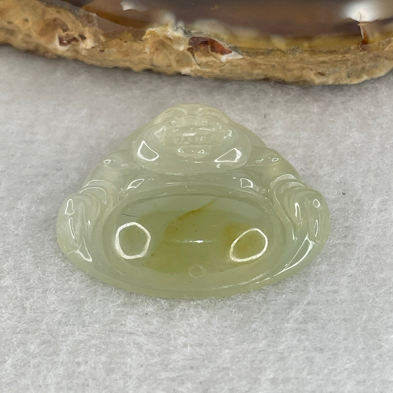 Natural Type A Semi-Icy Light Blueish Green Jadeite Milo Buddha | Laughing Buddha with Golden Yellow Patch (6.52g, 25.5mm)