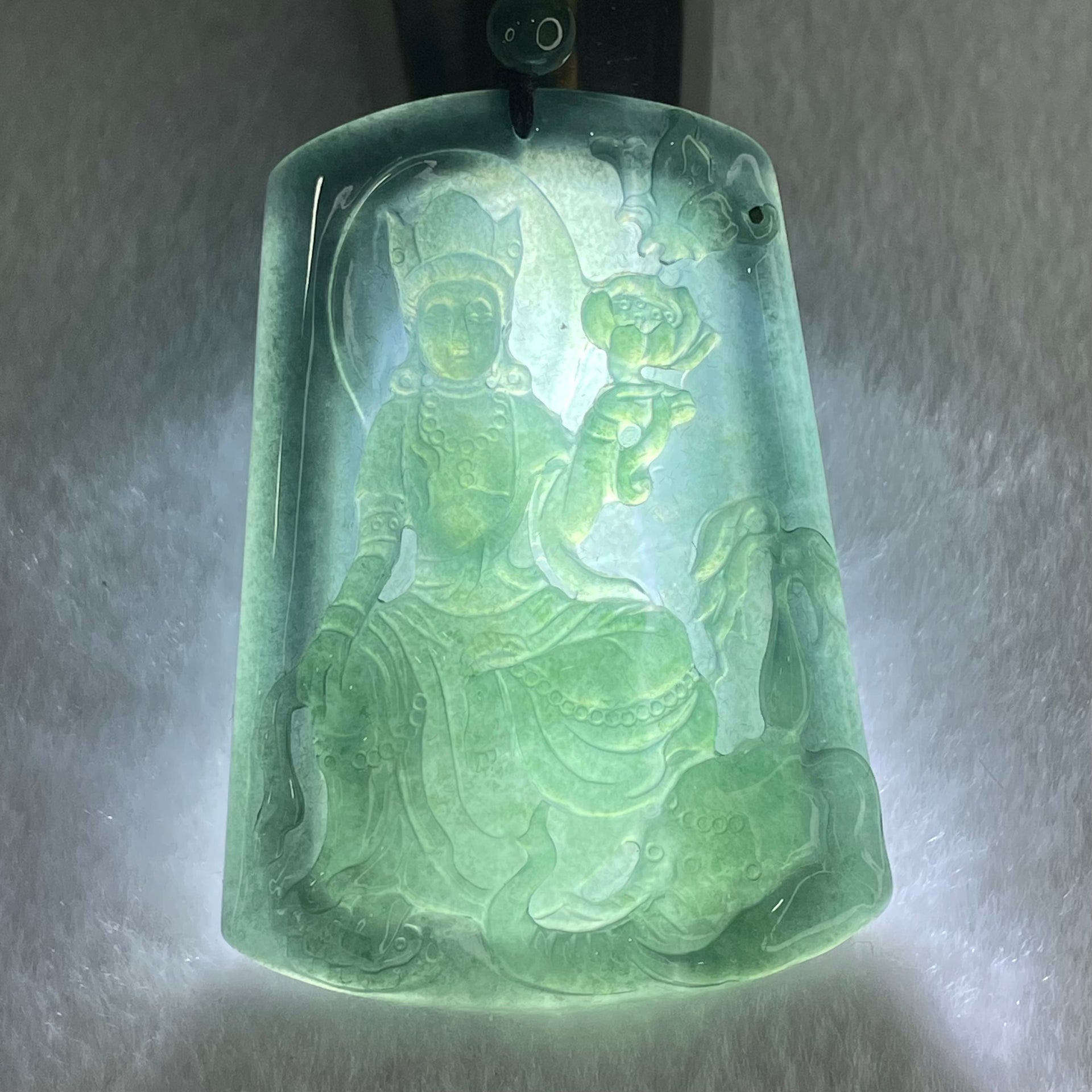 Grand Master Type A Icy Dark Blueish Green Samantabhadra Bodhisattva Guan Yin on Elephant and Flower Pendant 61.87g 57 by 41.6 by 5.6mm - Huangs Jadeite and Jewelry Pte Ltd