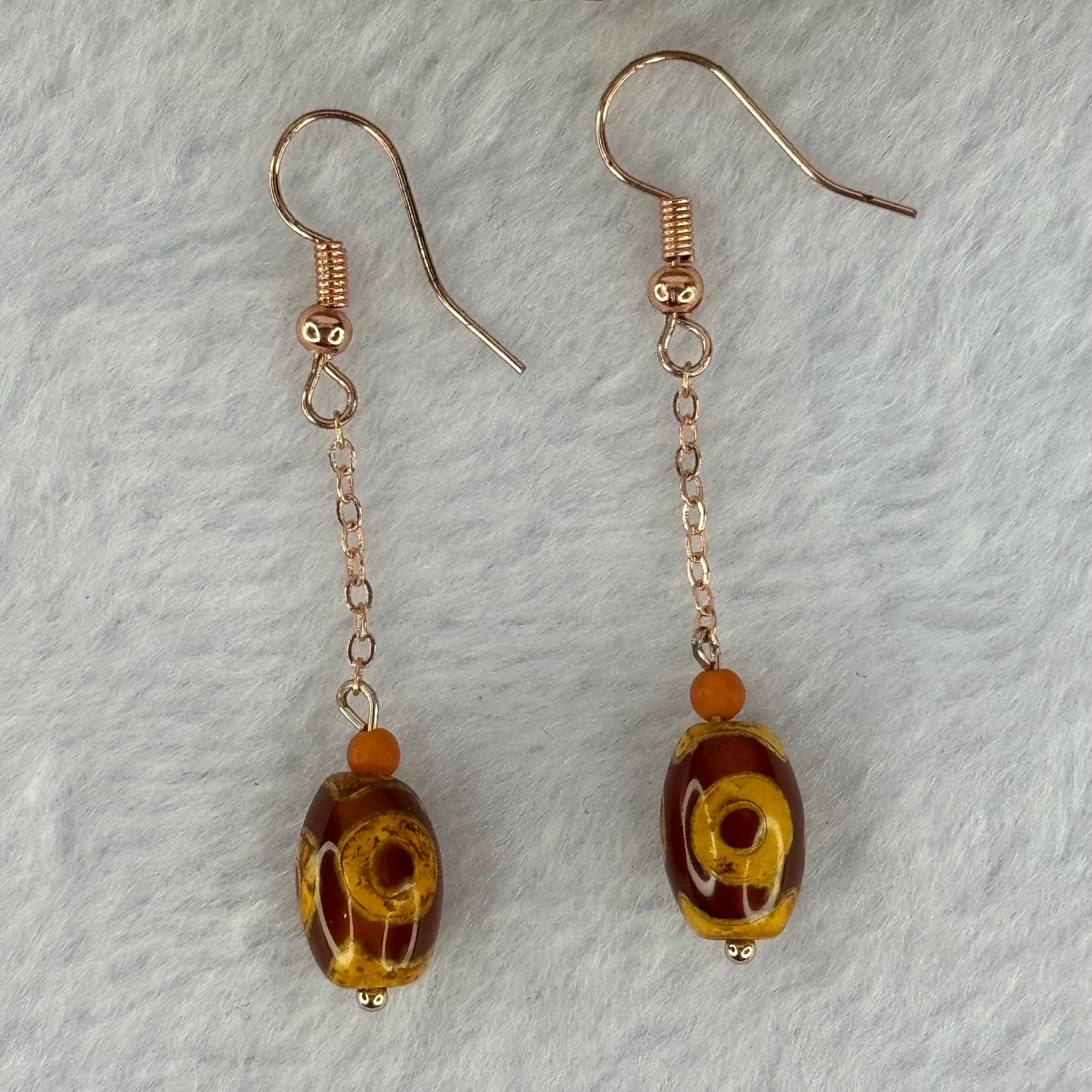 Natural Powerful Tibetan Old Oily Red Yellowish White Agate 3 Eyes Dzi Bead Heavenly Master (Tian Zhu) 三眼天诛 in S925 Sliver Rose Gold Color Earrings 2.92g 11.8 by 8.2mm - Huangs Jadeite and Jewelry Pte Ltd