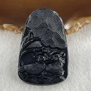 Type A Opaque to Partial Translucent Black Omphacite Jadeite Mandarin Ducks Pair and Lotus Leaf Pendant 20.70g 51.7 by 33.7 by 8.6mm - Huangs Jadeite and Jewelry Pte Ltd