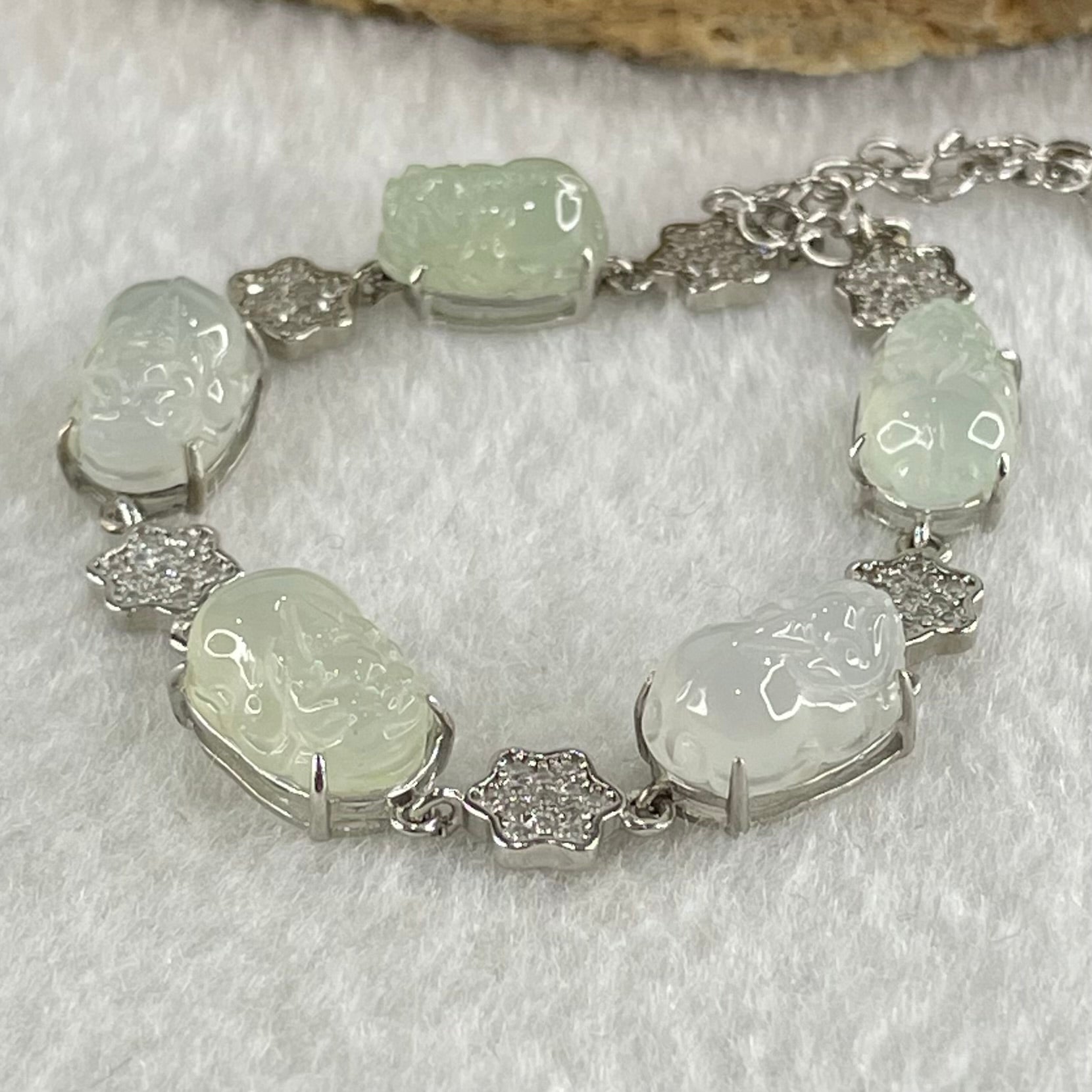 Type A Icy Faint Green and Faint Lavender to Colourless Jadeite 5 Pixiu S925 Silver Bracelet 6.61g 11.1 by 7.8 by 4.8mm - Huangs Jadeite and Jewelry Pte Ltd