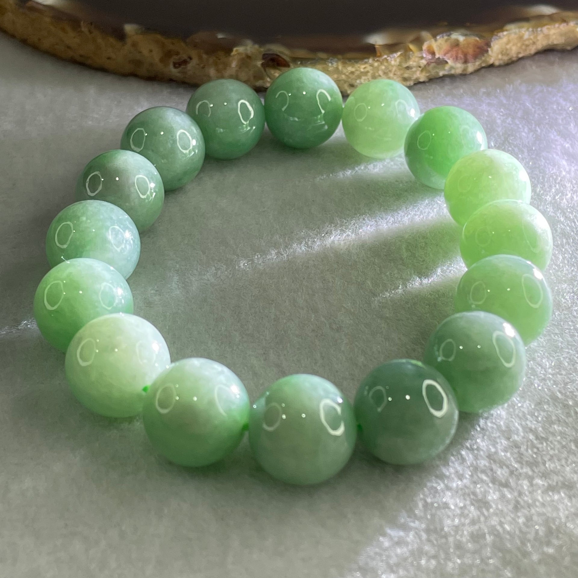 Type A Green Jadeite Beads Bracelet 60.56g 16.5cm 13.1mm 16 Beads - Huangs Jadeite and Jewelry Pte Ltd