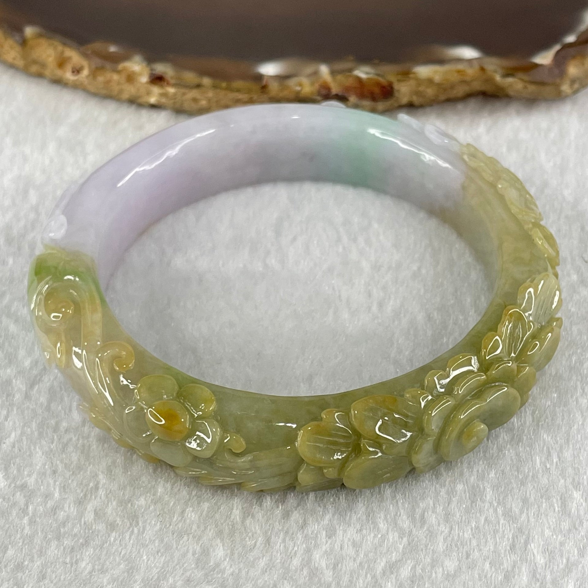 Type A Brownish Green with Lavender Jadeite Prosperity Flowers Bangle 64.22g Internal Diameter 54.6mm 14.2 by 10.3mm (Very Fine Internal Line) - Huangs Jadeite and Jewelry Pte Ltd