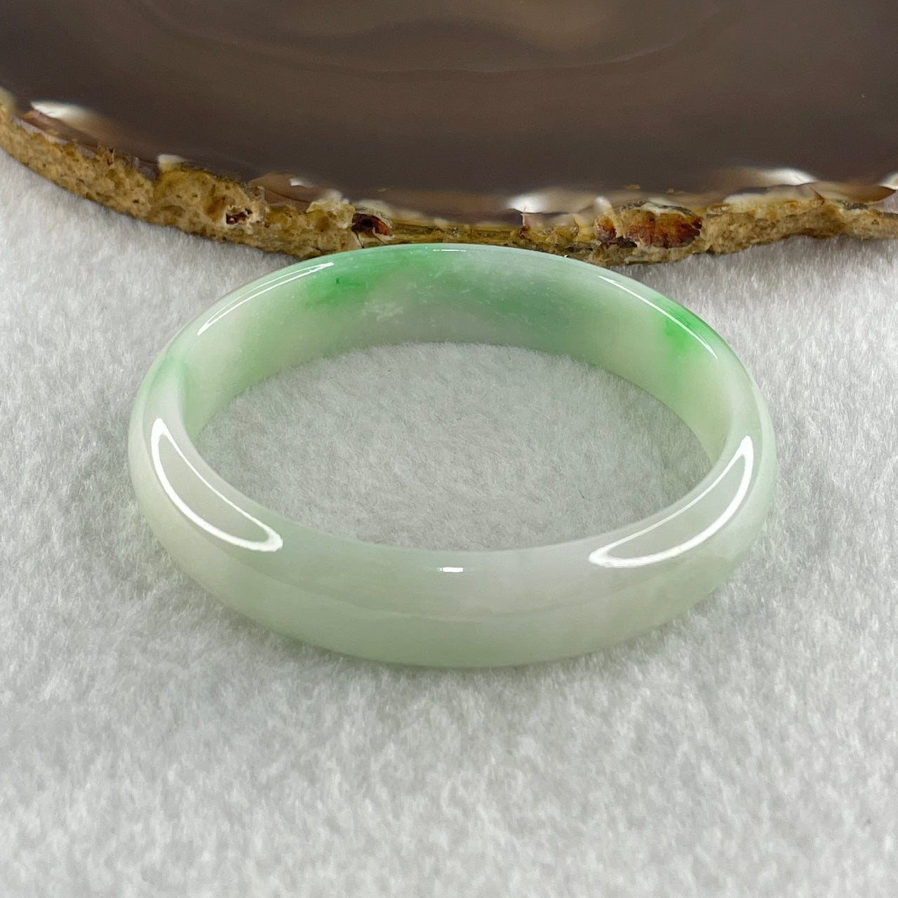 Type A Natural Light Green Faint Lavender with Emerald Green Patches Jadeite Oval Bangle 31.66g Inner Diameter 53.4mm 12.2 by 5.7mm (Internal Lines) - Huangs Jadeite and Jewelry Pte Ltd